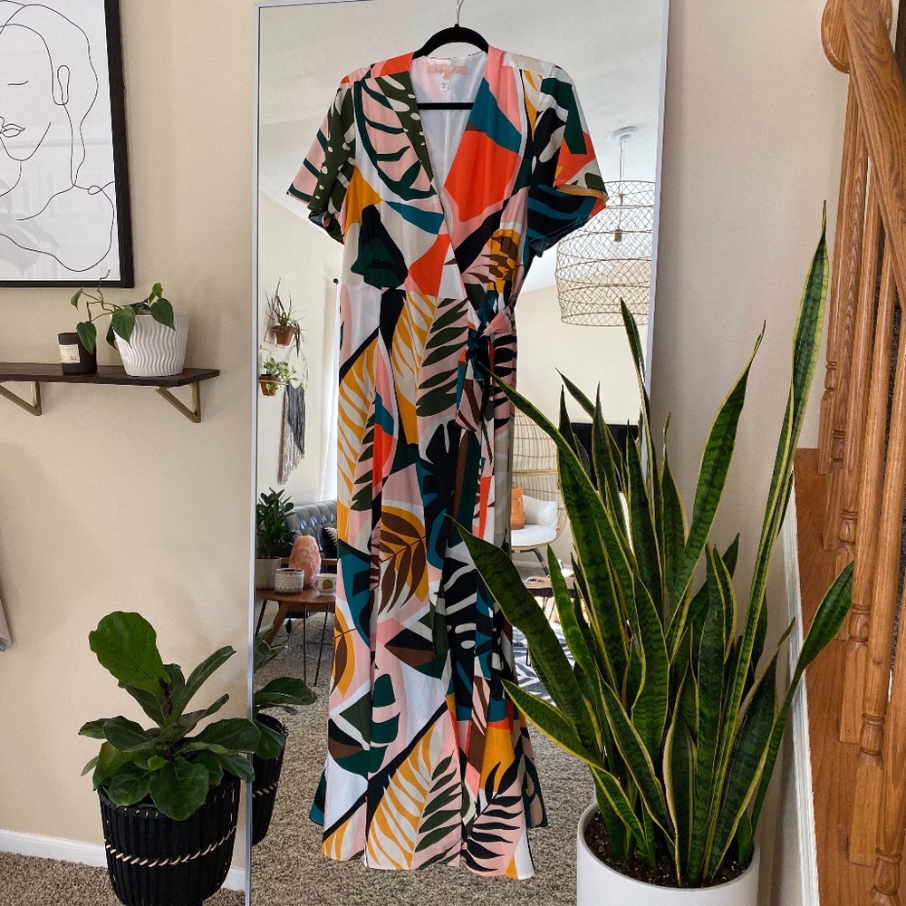 Tropical Leaf Print Wrap Maxi Dress XLP